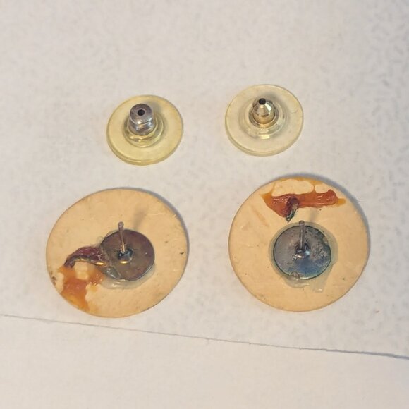 Wood Disc Round Stud Earrings MCM Modern Mod Artisan Unique Mid Century Festival - Picture 5 of 6